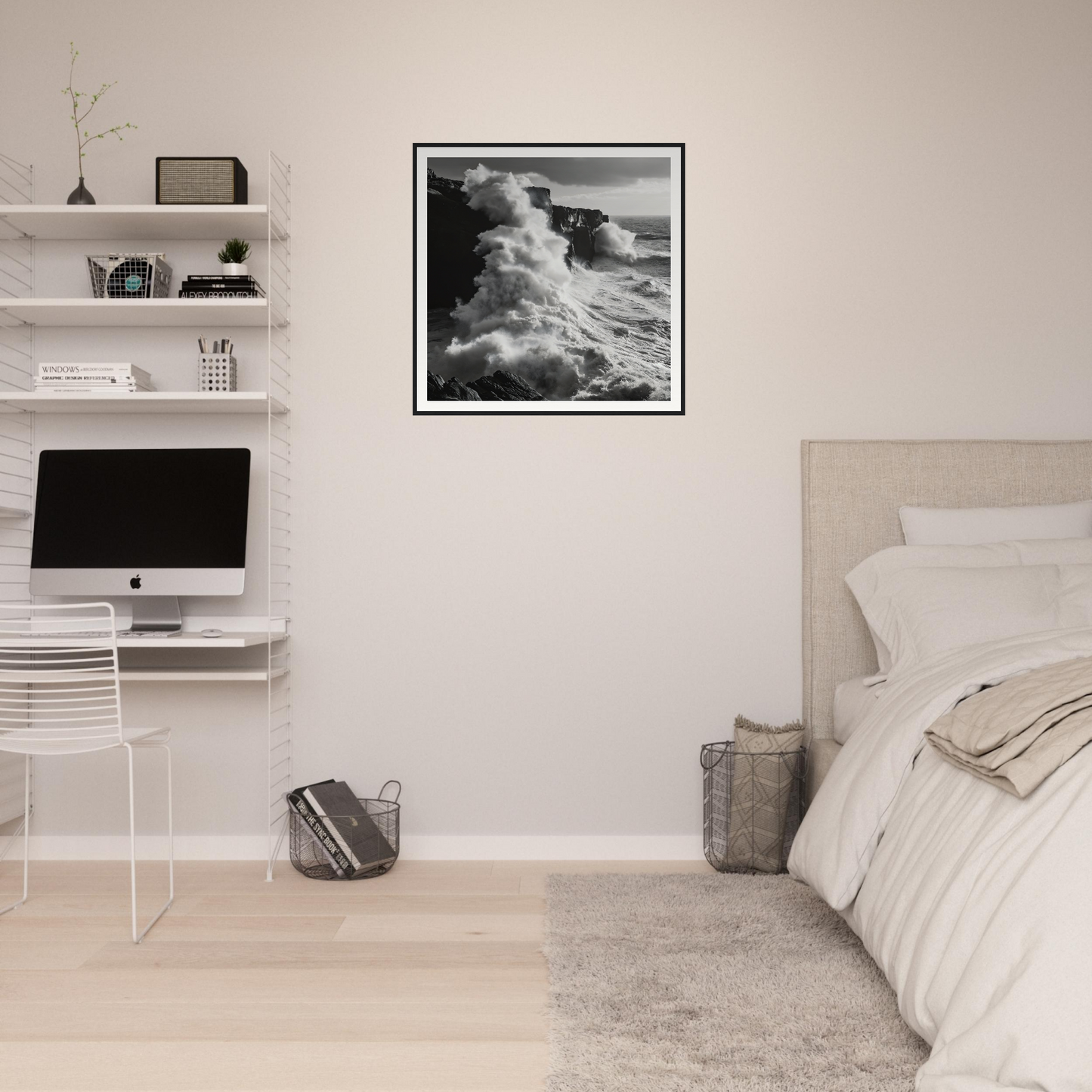 Minimalist bedroom with Cliffs’ Chaotic Ballet, iMac, and stylish ocean wave artwork