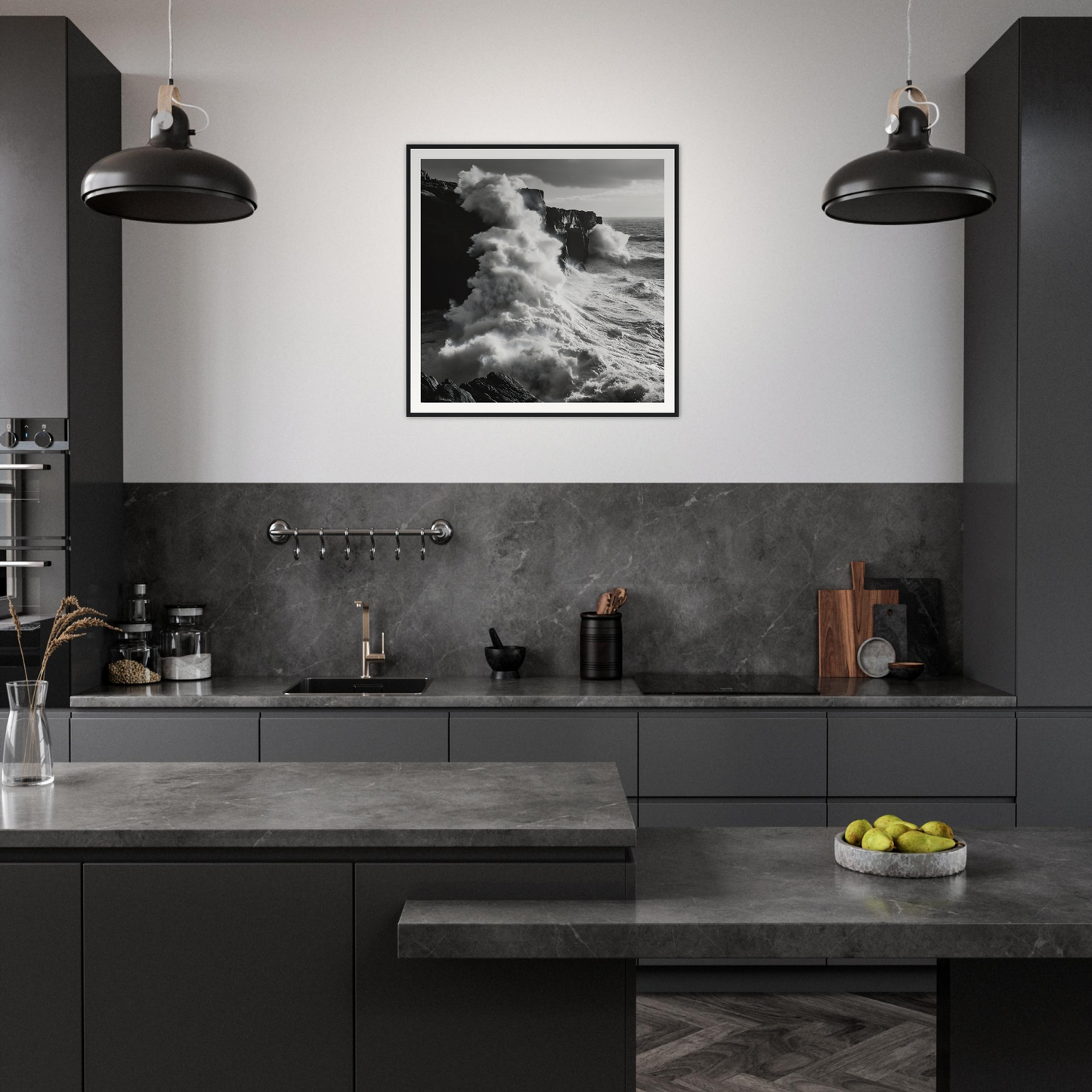 Modern dark gray kitchen featuring Cliffs’ Chaotic Ballet and industrial pendant lights