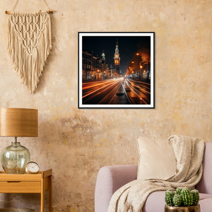 Framed poster of Clockwork City Glow with vibrant night cityscape and light trails