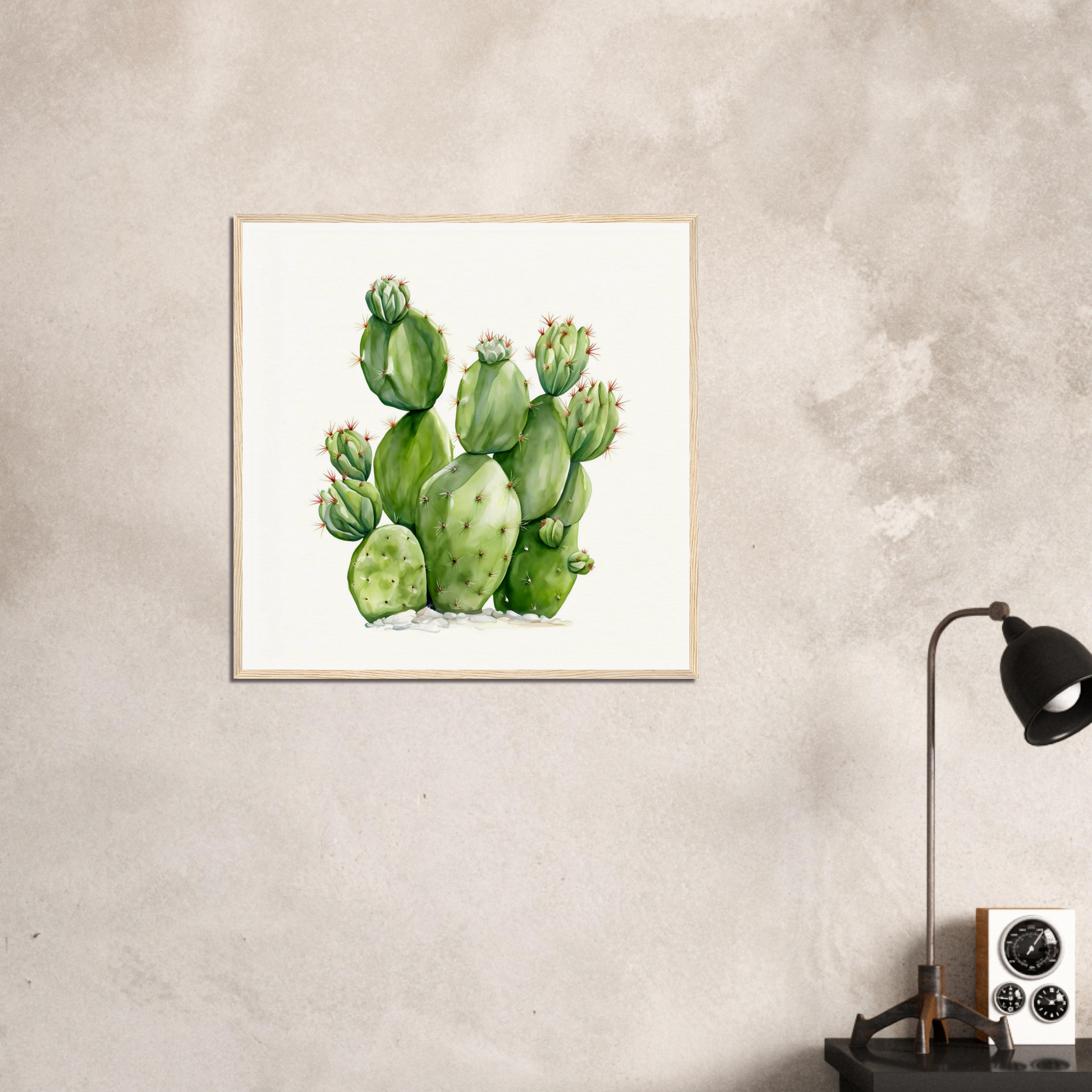 A close up of a cactus plant on a wall near a lamp