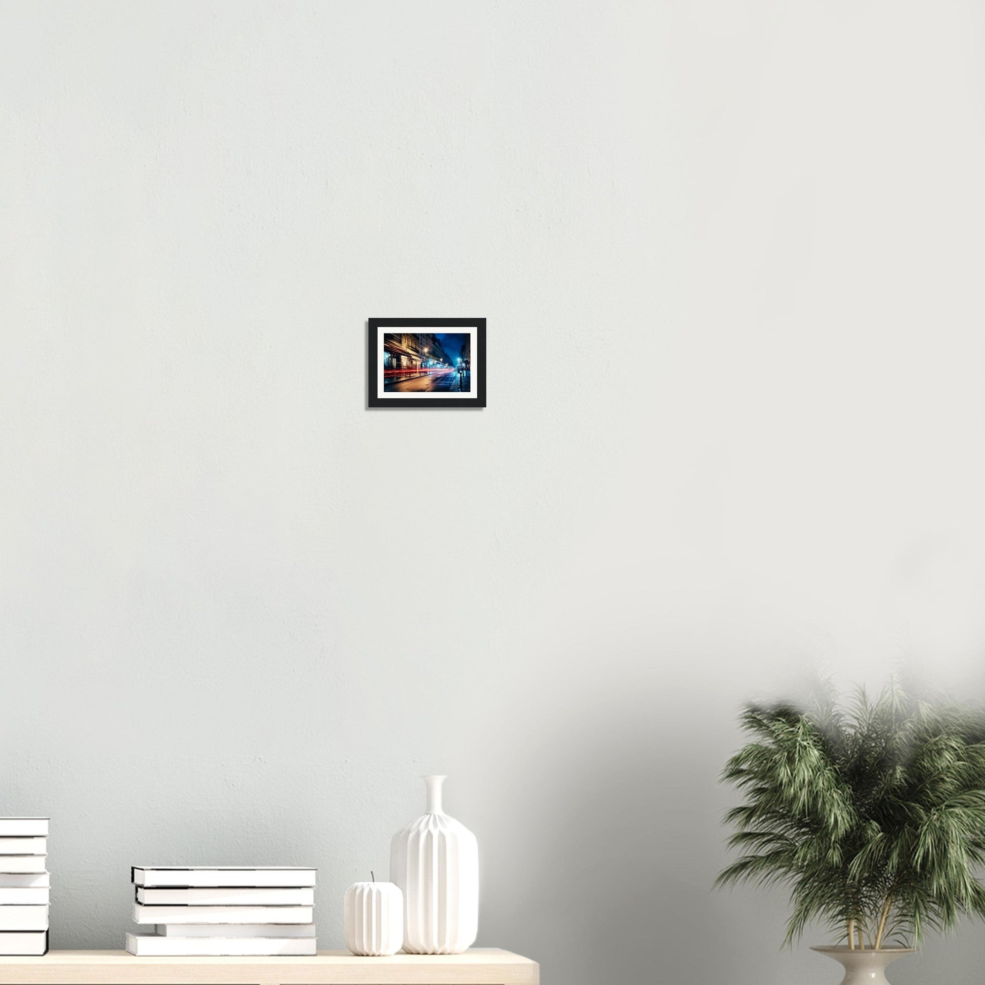 A close up of a clock on a wall above a table