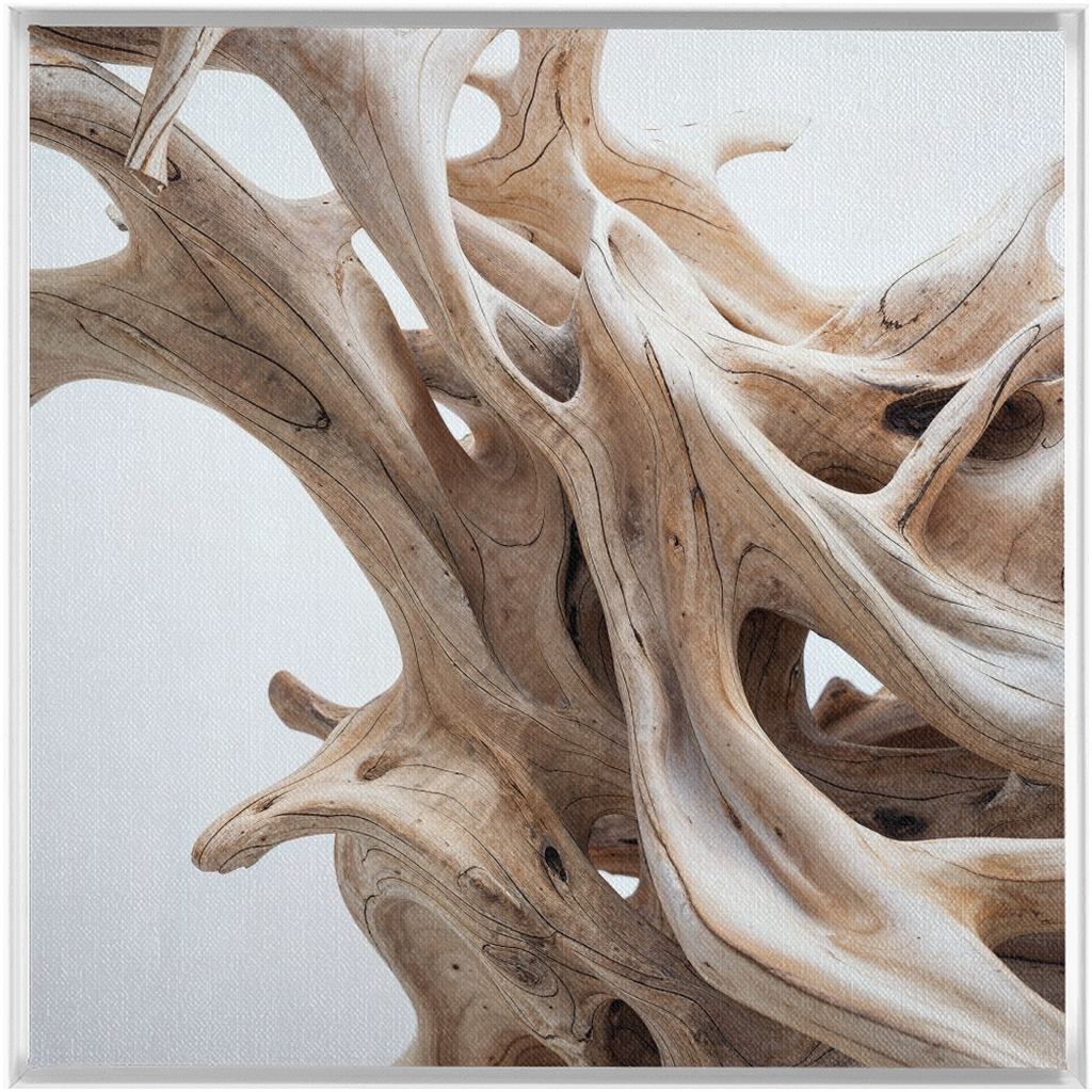 A close up of a piece of drift wood with a white background