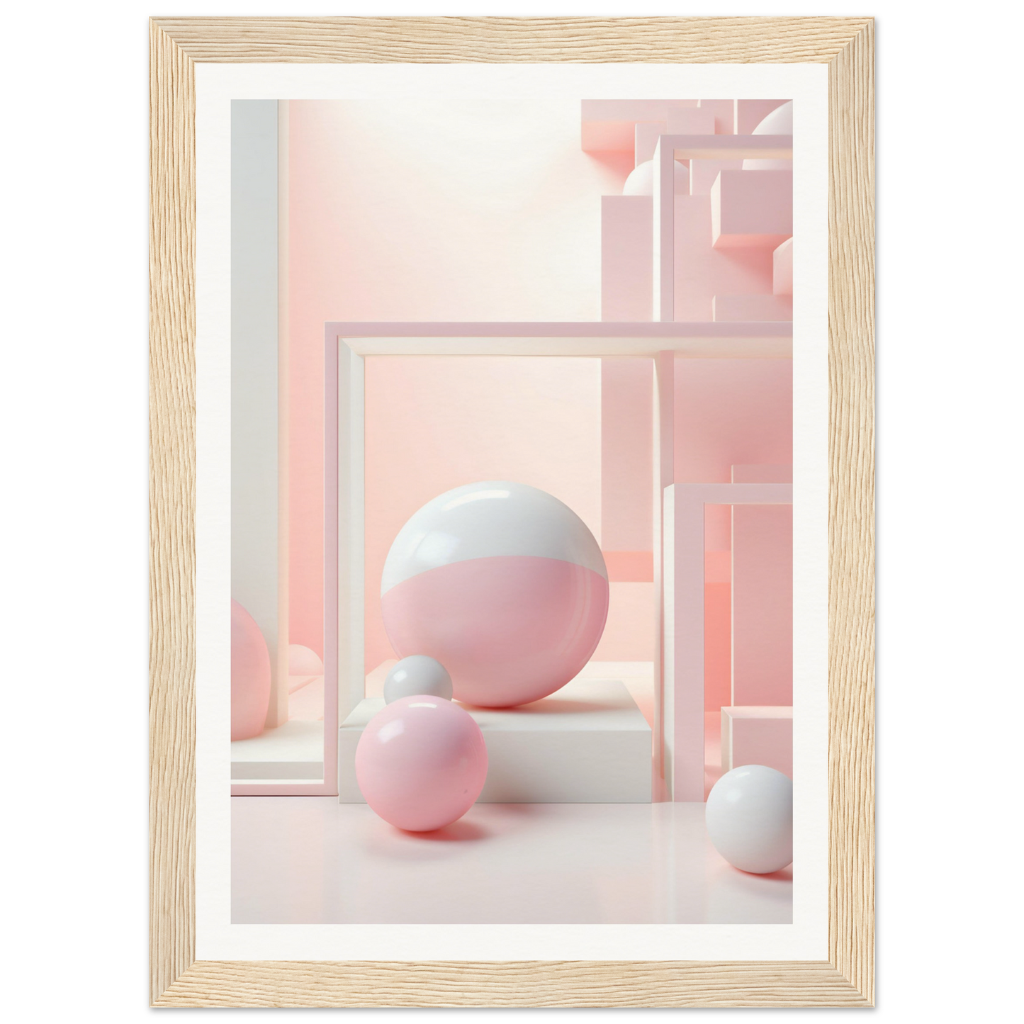 A close up of a pink and white ball and a white chair