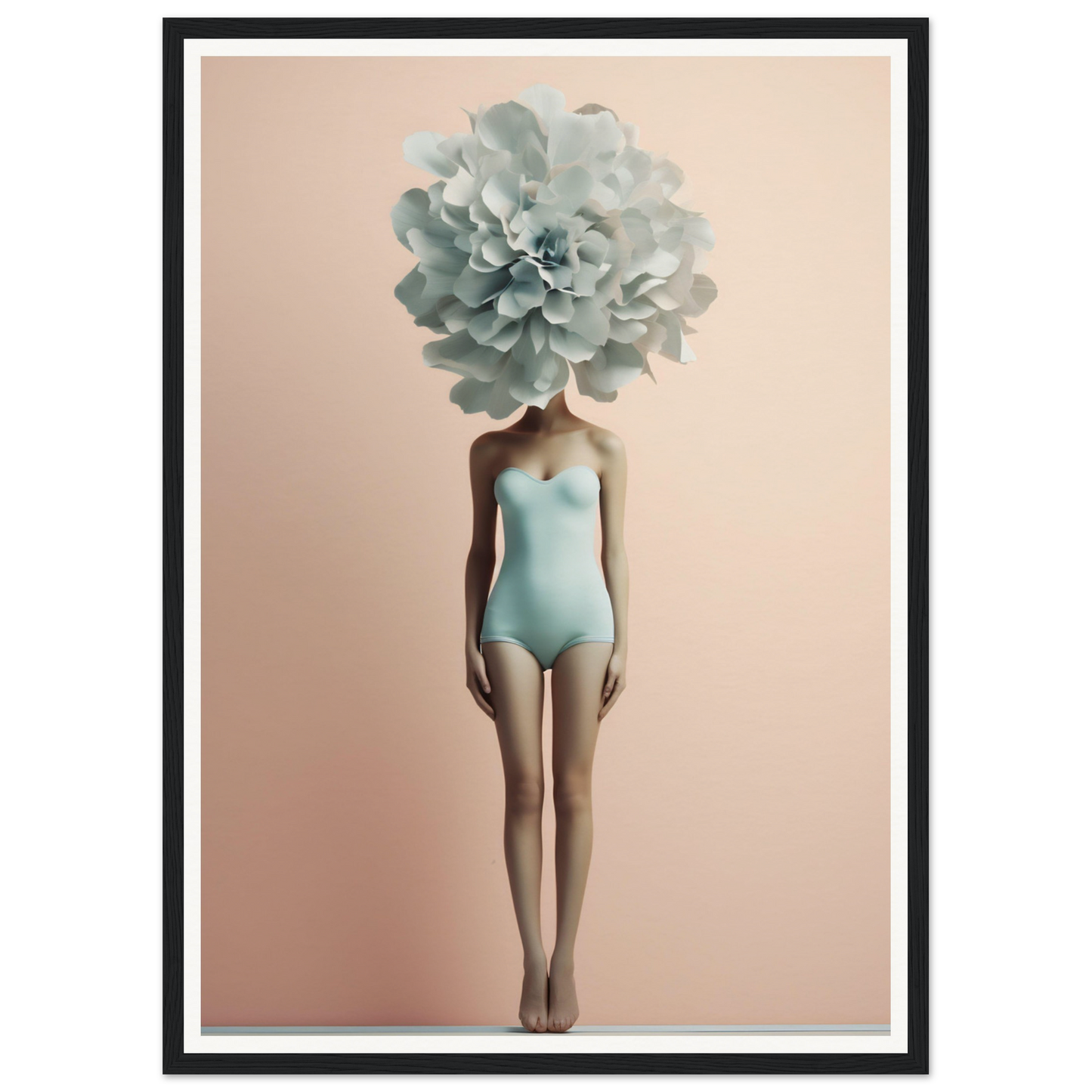 Surreal figure wearing a mint green swimsuit with a large pale blue flower in place of its head.