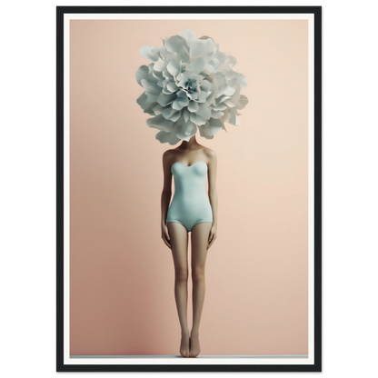 Surreal figure wearing a mint green swimsuit with a large pale blue flower in place of its head.