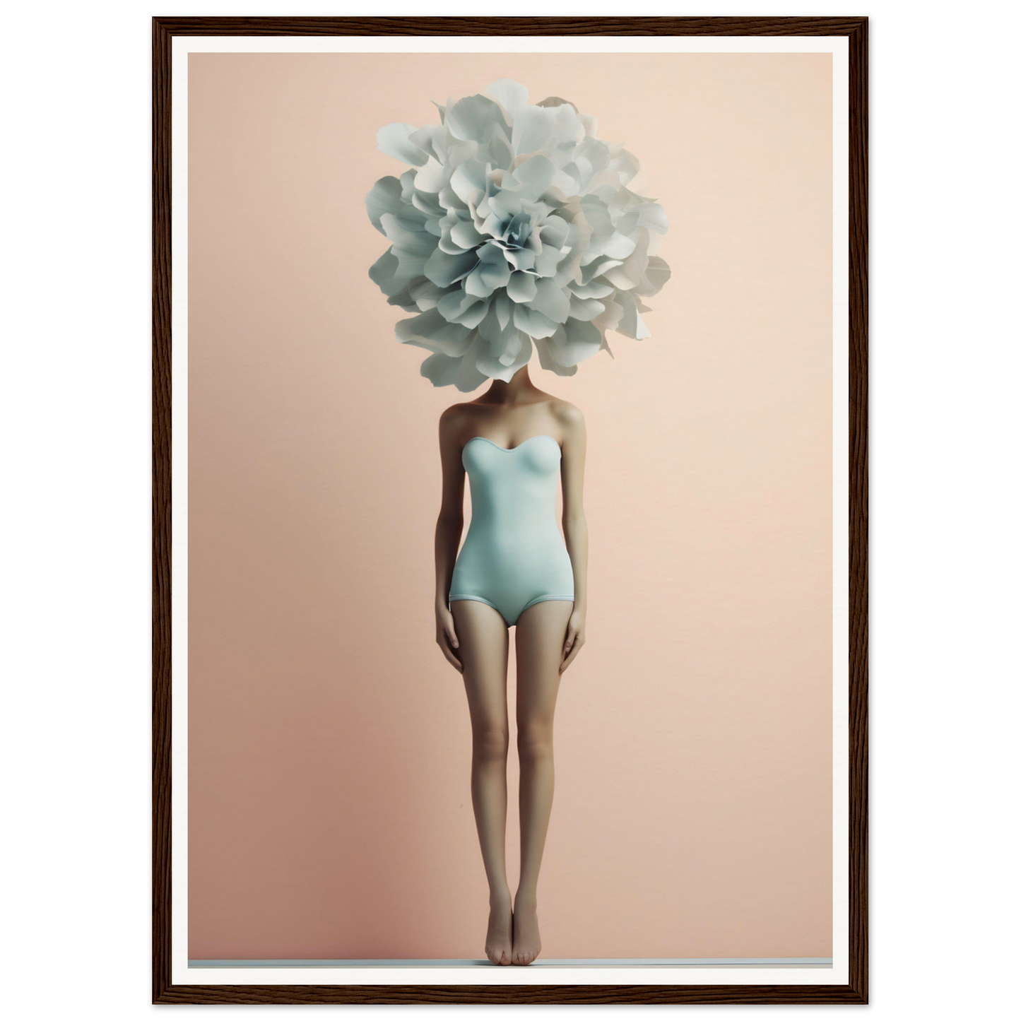 Surreal figure with a pale blue flower bloom in place of a head, wearing a matching blue swimsuit.