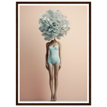 Surreal figure with a pale blue flower bloom in place of a head, wearing a matching blue swimsuit.