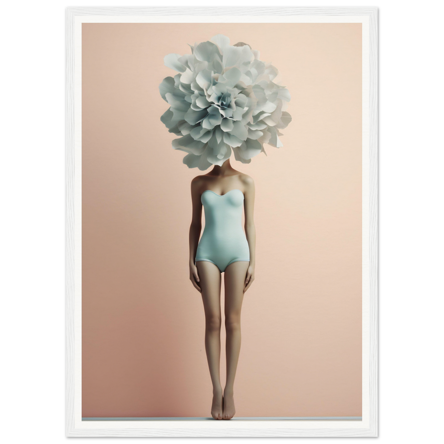 Female figure in a pale blue swimsuit with a large mint green flower in place of a head.