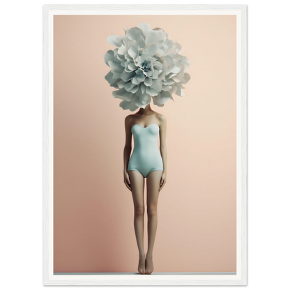 Female figure in a pale blue swimsuit with a large mint green flower in place of a head.