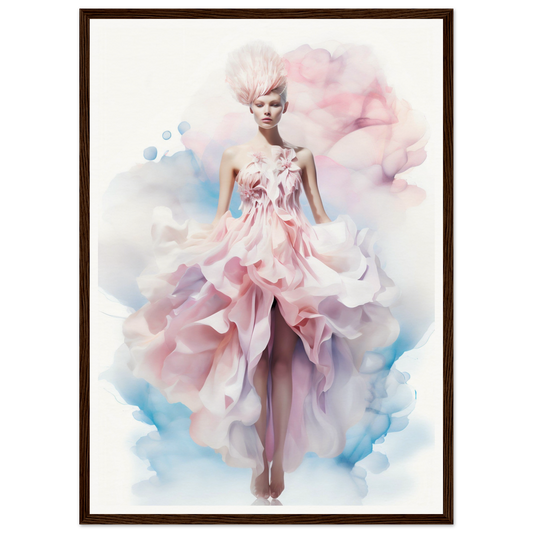 Ethereal fashion illustration of a model in a flowing pink gown with watercolor effects.