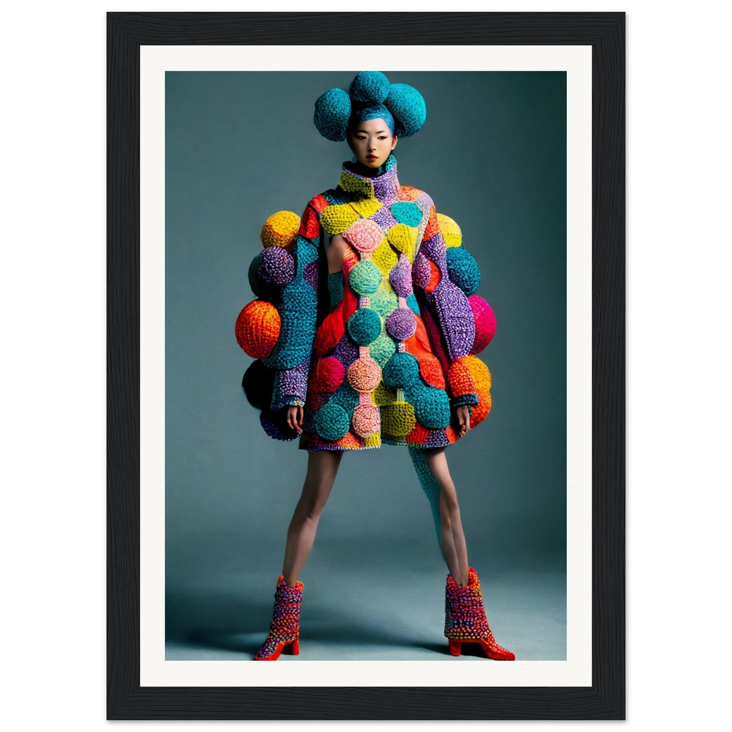 Colorful knitted dress covered in vibrant pom-poms and spherical shapes, worn with matching boots and hair accessories.