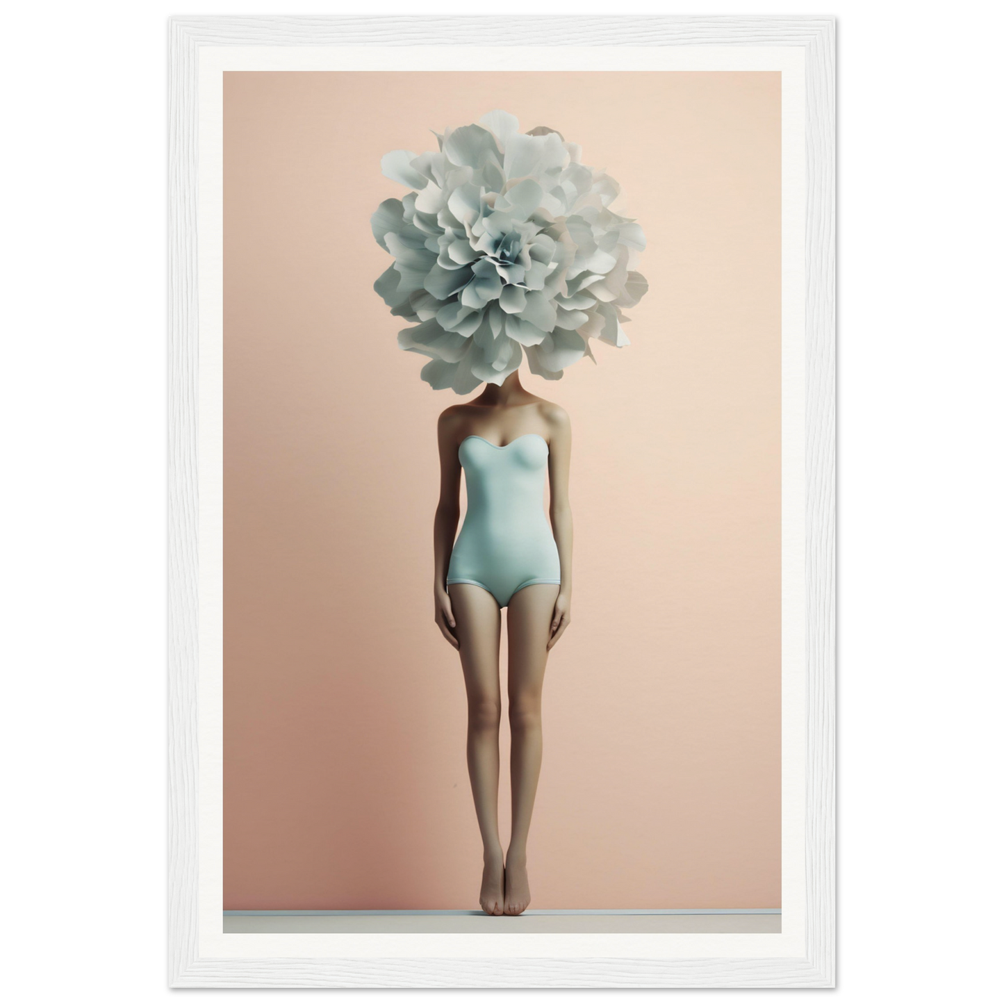 Surreal figure wearing a pale blue swimsuit with a giant pale green flower as its head.