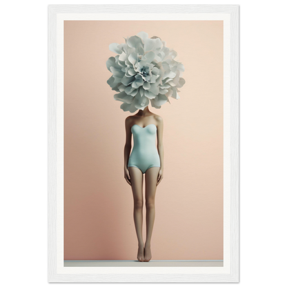 Surreal figure wearing a pale blue swimsuit with a giant pale green flower as its head.