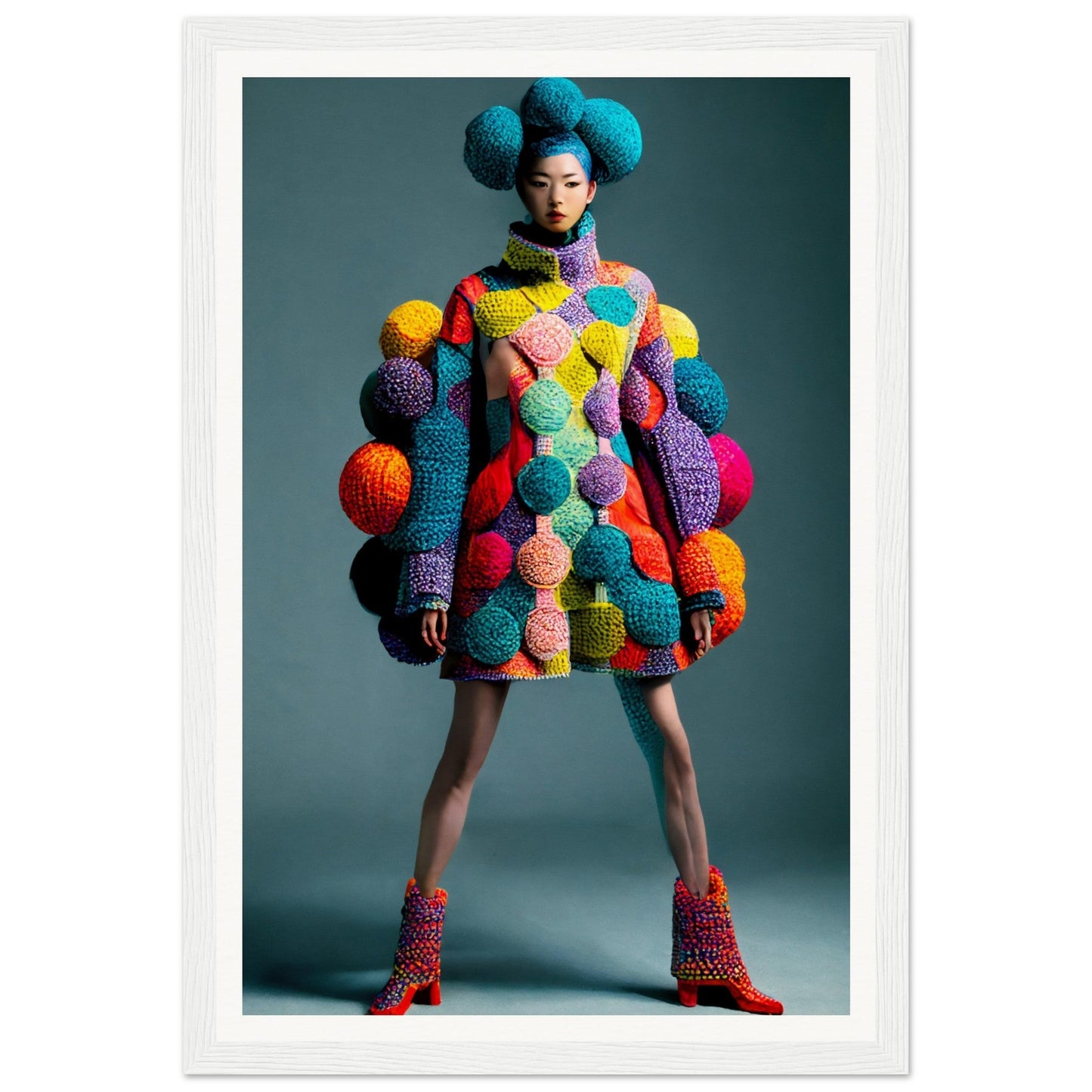 Colorful knitted dress adorned with numerous pom-poms of various sizes and hues.