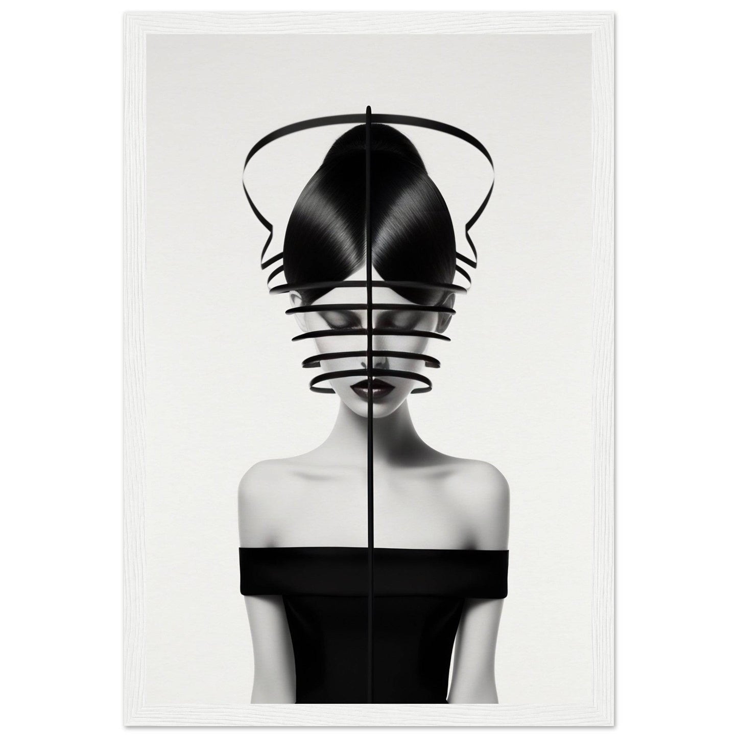 Surrealist black and white portrait featuring a figure with a geometrically structured headpiece obscuring the face.