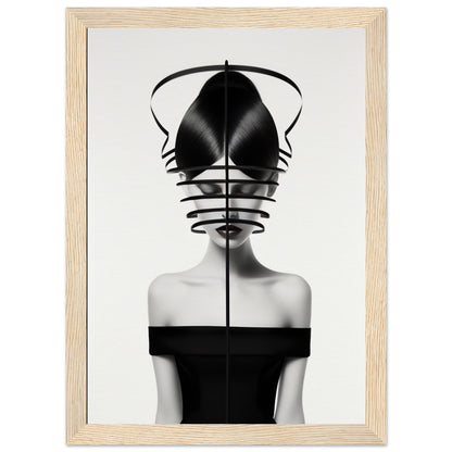 Surrealist portrait of a figure wearing an abstract black headdress and off-shoulder top.