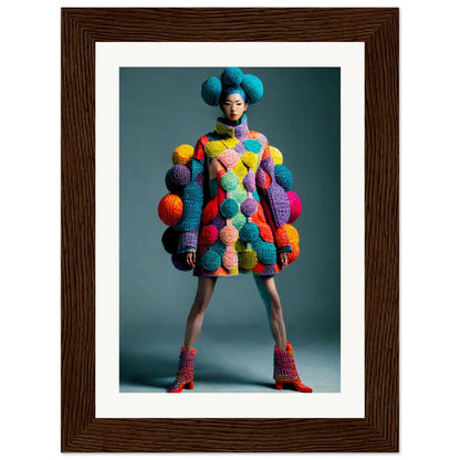 A colorful knitted dress adorned with vibrant pom-poms and geometric patterns.