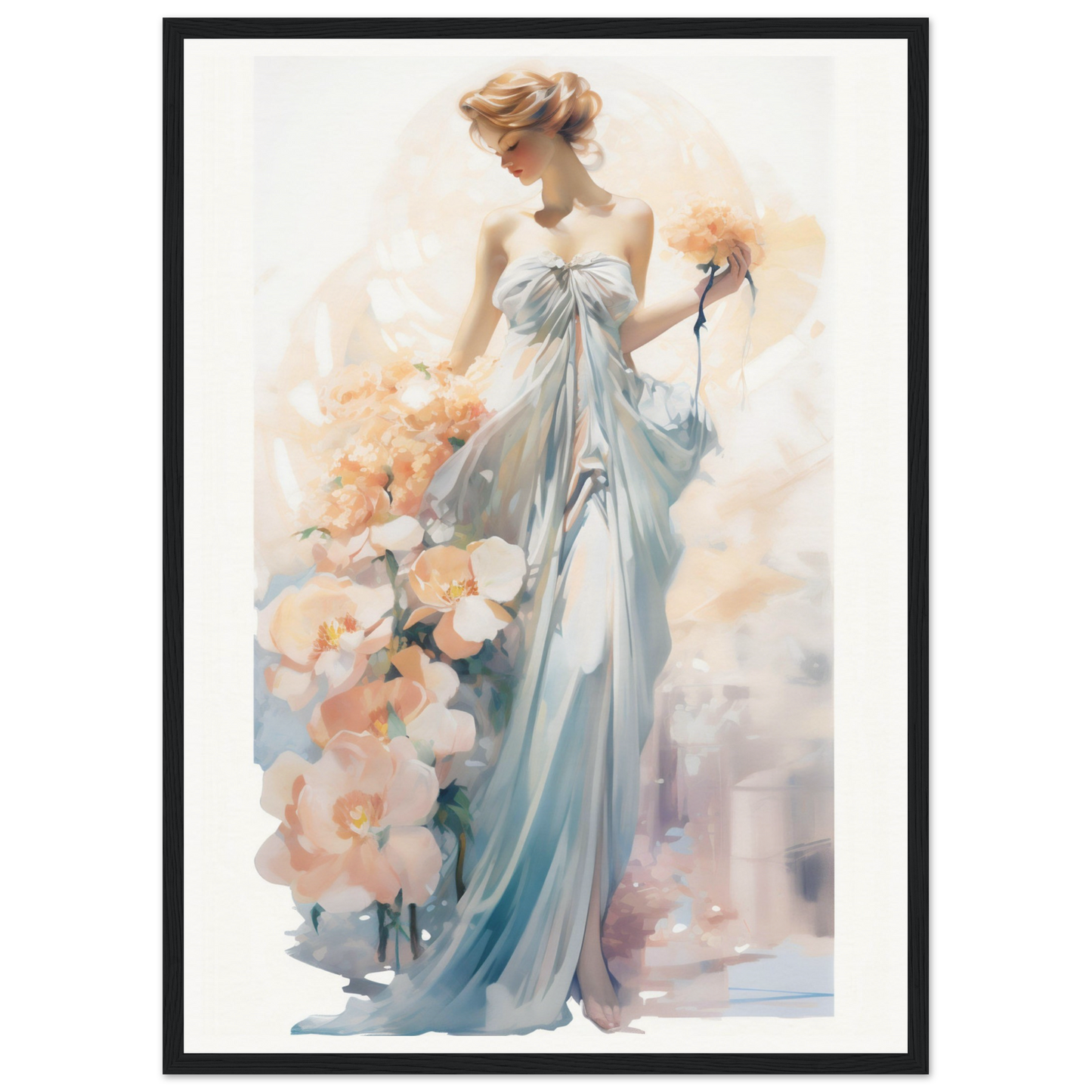 Elegant woman in a flowing blue gown holding a flower, painted in a soft watercolor style.