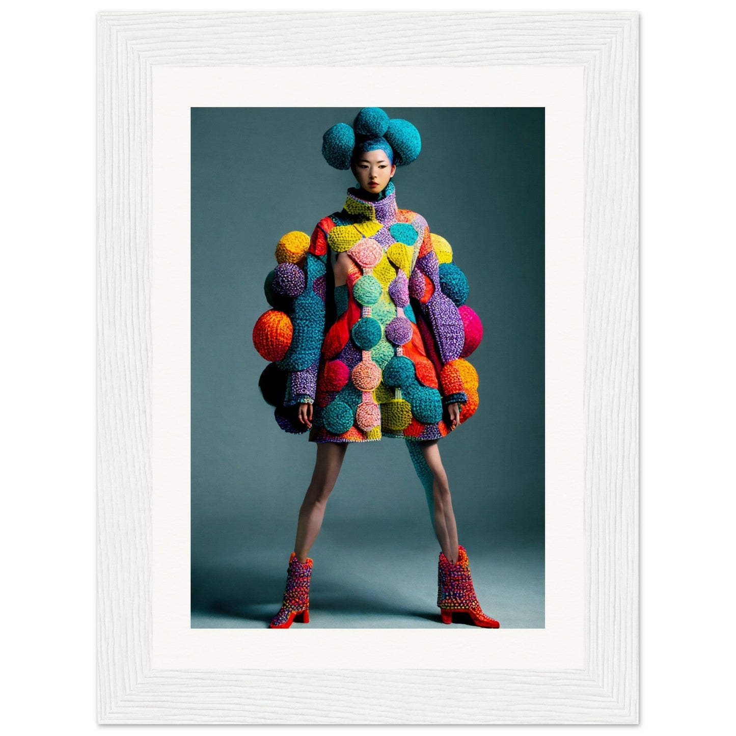 Colorful knitted dress adorned with vibrant pom-poms and spherical accessories.