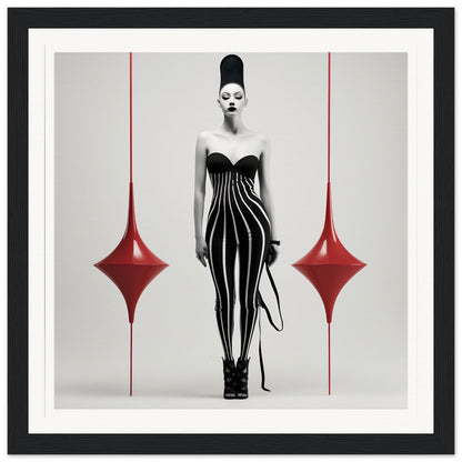 Striking figure in a black and white striped dress with an exaggerated hairstyle, flanked by two red teardrop shapes.