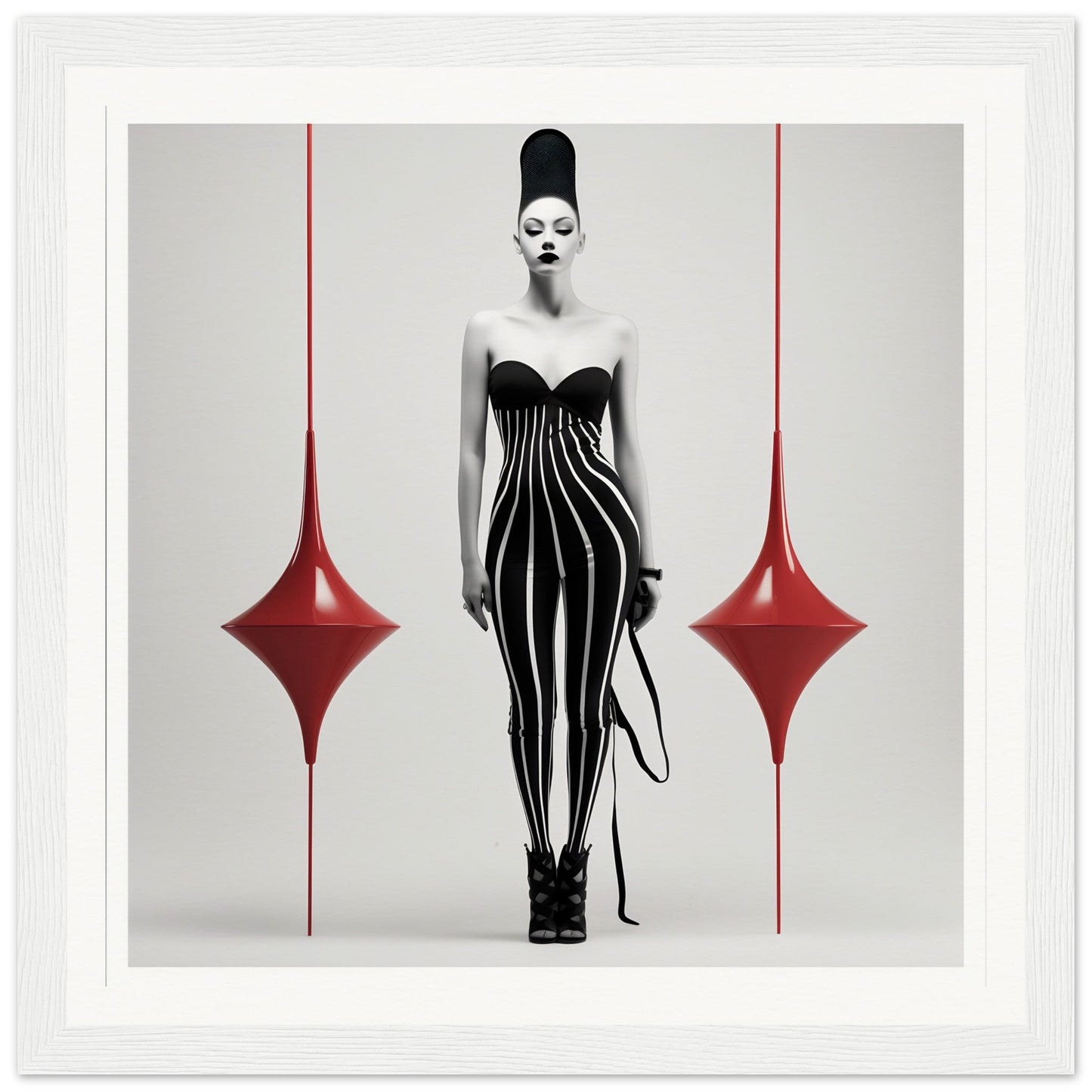 Striking figure in a black and white striped bodysuit with an exaggerated tall hairstyle, flanked by two red teardrop shapes.