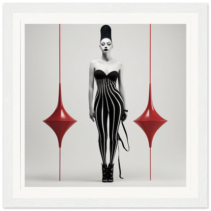 Striking figure in a black and white striped bodysuit with an exaggerated tall hairstyle, flanked by two red teardrop shapes.