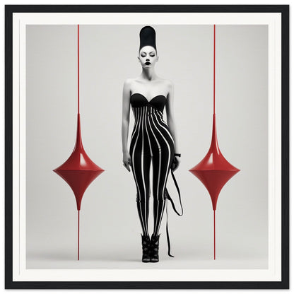 Striking black and white photograph of a woman in an avant-garde striped dress and tall hairstyle, flanked by two red teardrop shapes.