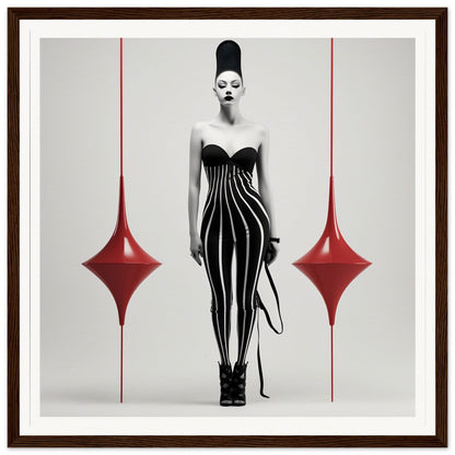 Striking black and white photograph of a woman in an avant-garde striped dress and tall hairstyle, flanked by two red diamond shapes.