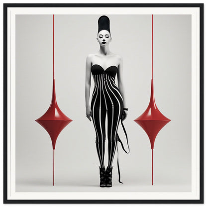 Striking figure in a black and white striped dress with an exaggerated tall hairstyle, flanked by two red diamond shapes.