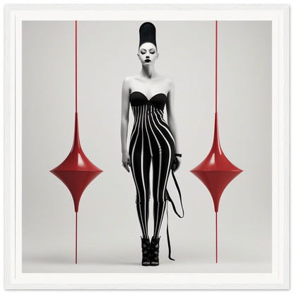 Striking figure in a black and white striped dress with an exaggerated tall hairstyle, flanked by two red teardrop shapes.