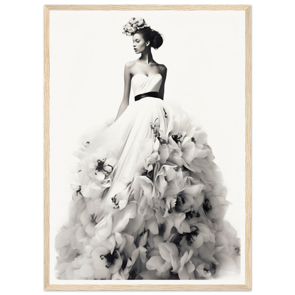 Elegant woman in a voluminous white gown with floral details and a floral headpiece.