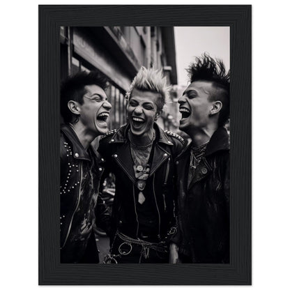 Black and white photograph of three punk rockers laughing exuberantly.