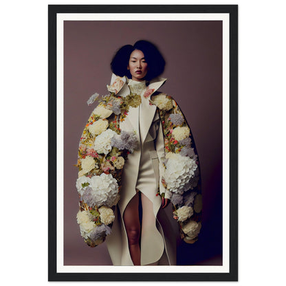 A woman wearing an elaborate white coat adorned with large floral decorations.