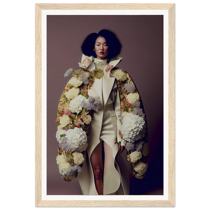 A striking white coat adorned with an abundance of floral decorations, particularly large white and cream blooms.