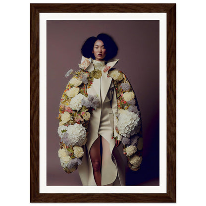 A woman wearing an elaborate coat adorned with large floral decorations.