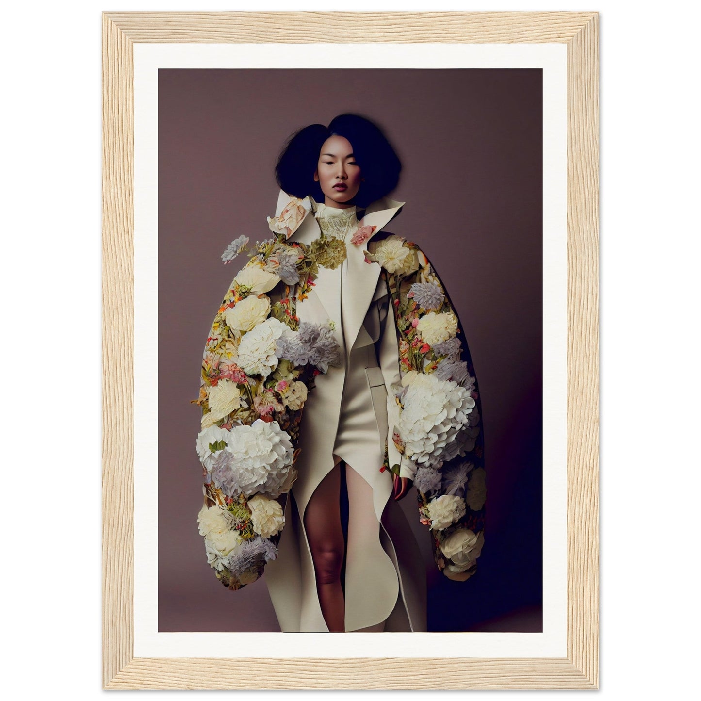 Framed portrait of a woman wearing an elaborate floral coat over a white dress.