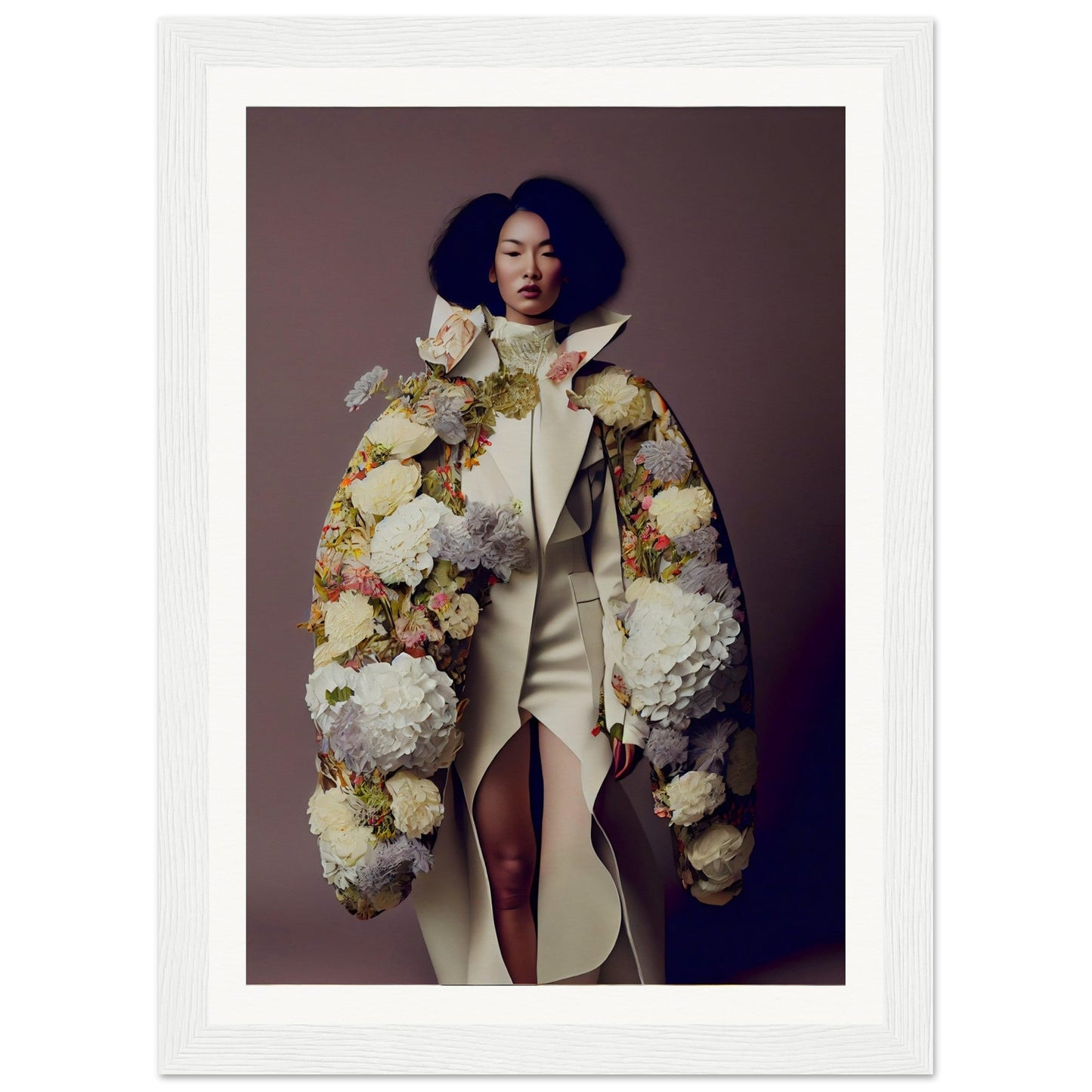 Woman wearing an elaborate floral coat over a white dress.