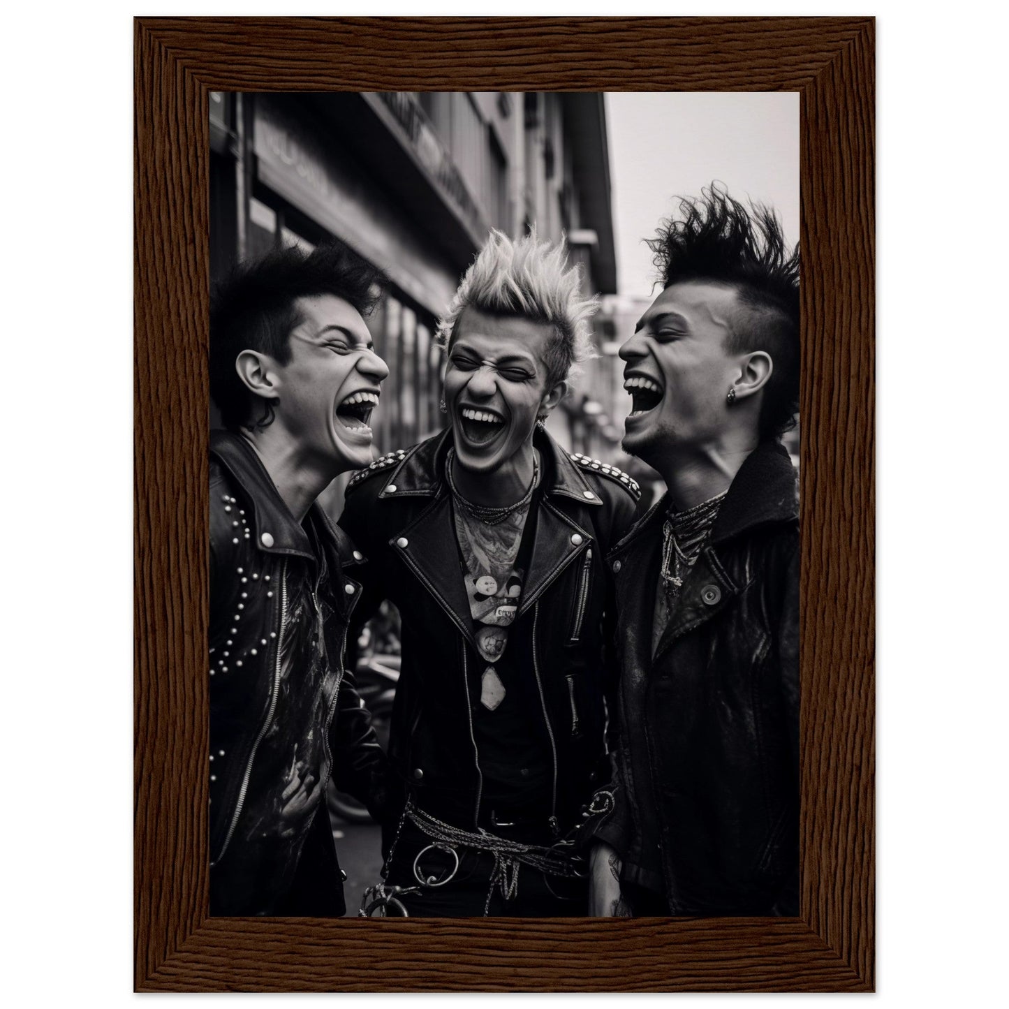 Black and white photograph of three exuberant punk rockers with spiked hair and leather jackets.