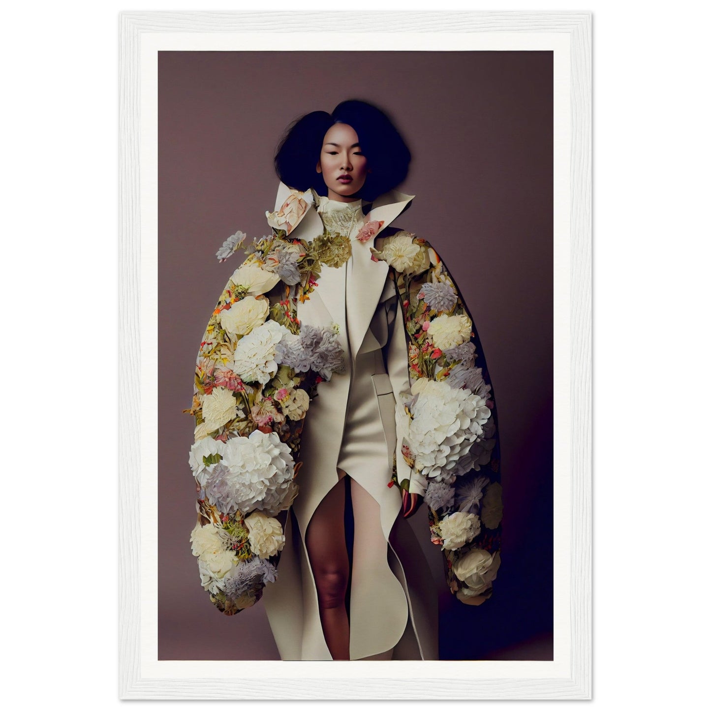 Ornate white coat adorned with voluminous floral decorations, worn by a person with curly dark hair.