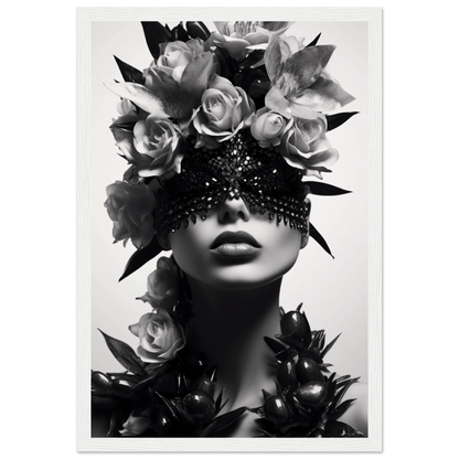 Artistic black and white portrait featuring a figure adorned with roses and a beaded eye covering.