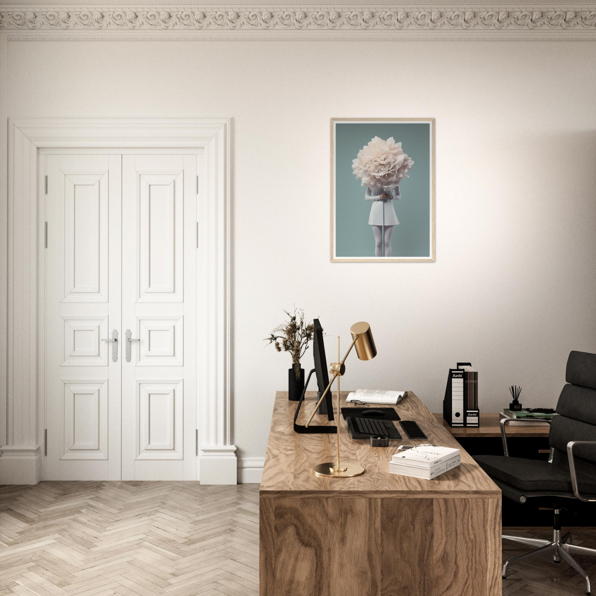 Stylish home office workspace with a wooden desk and modern decor.