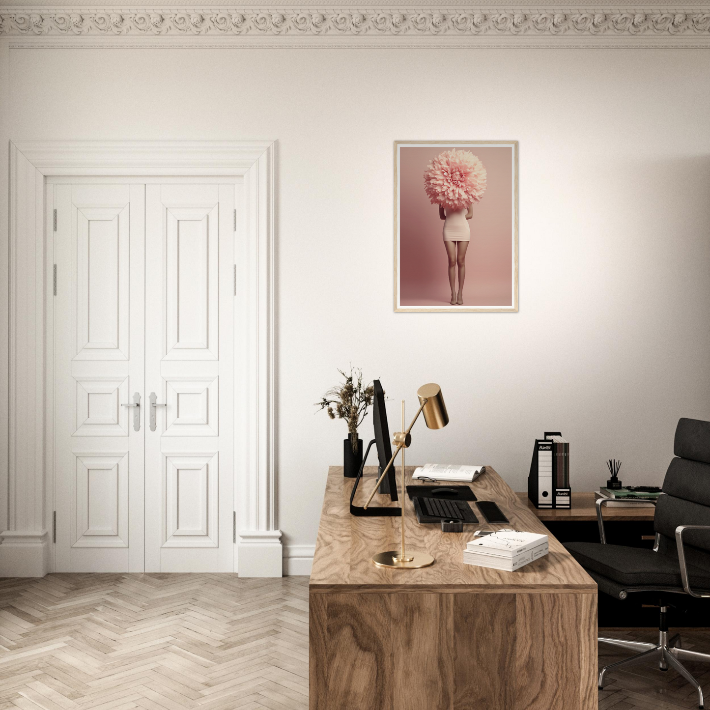 Elegant home office workspace with a wooden desk and modern decor.