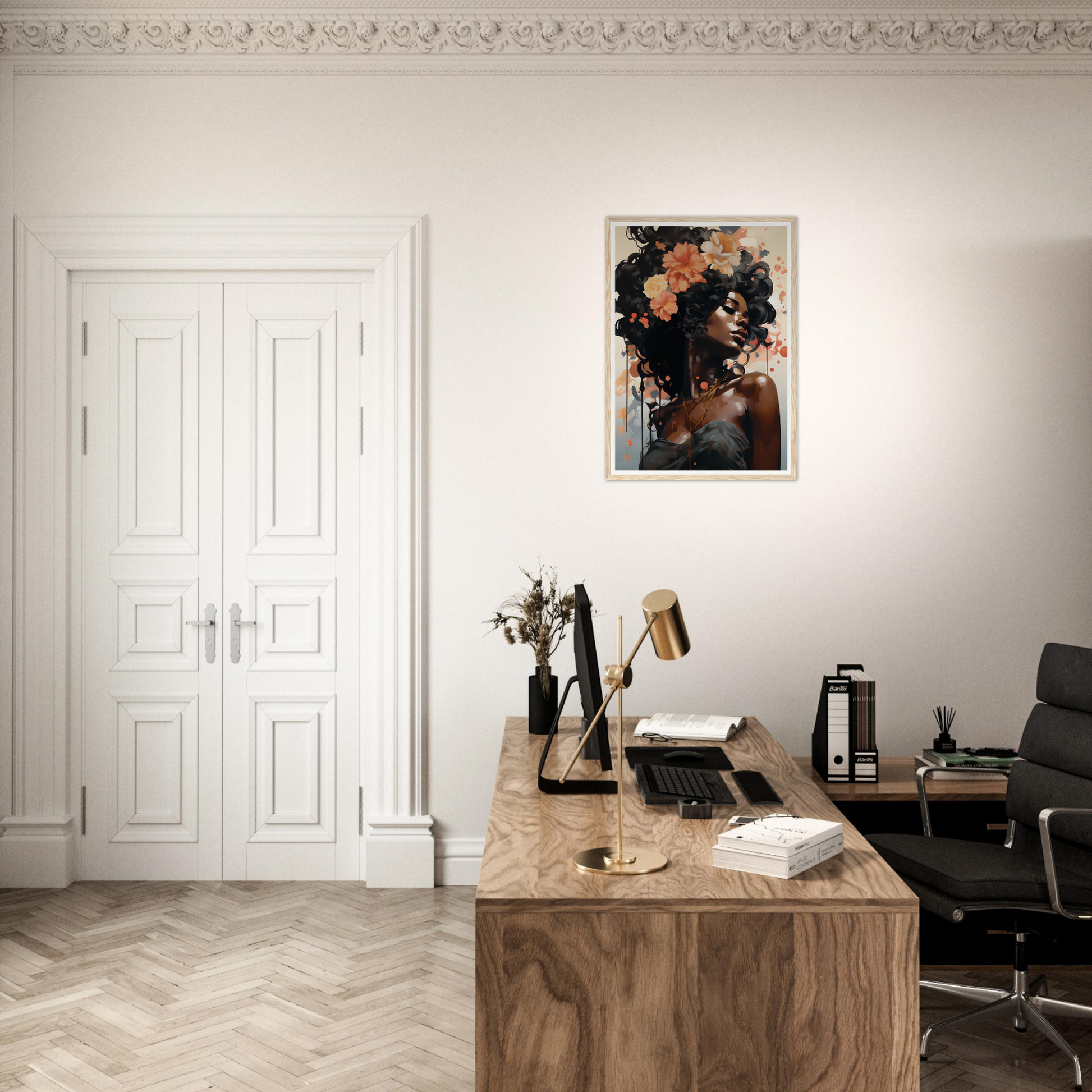 Home office workspace with a wooden desk, office chair, and decorative wall art.