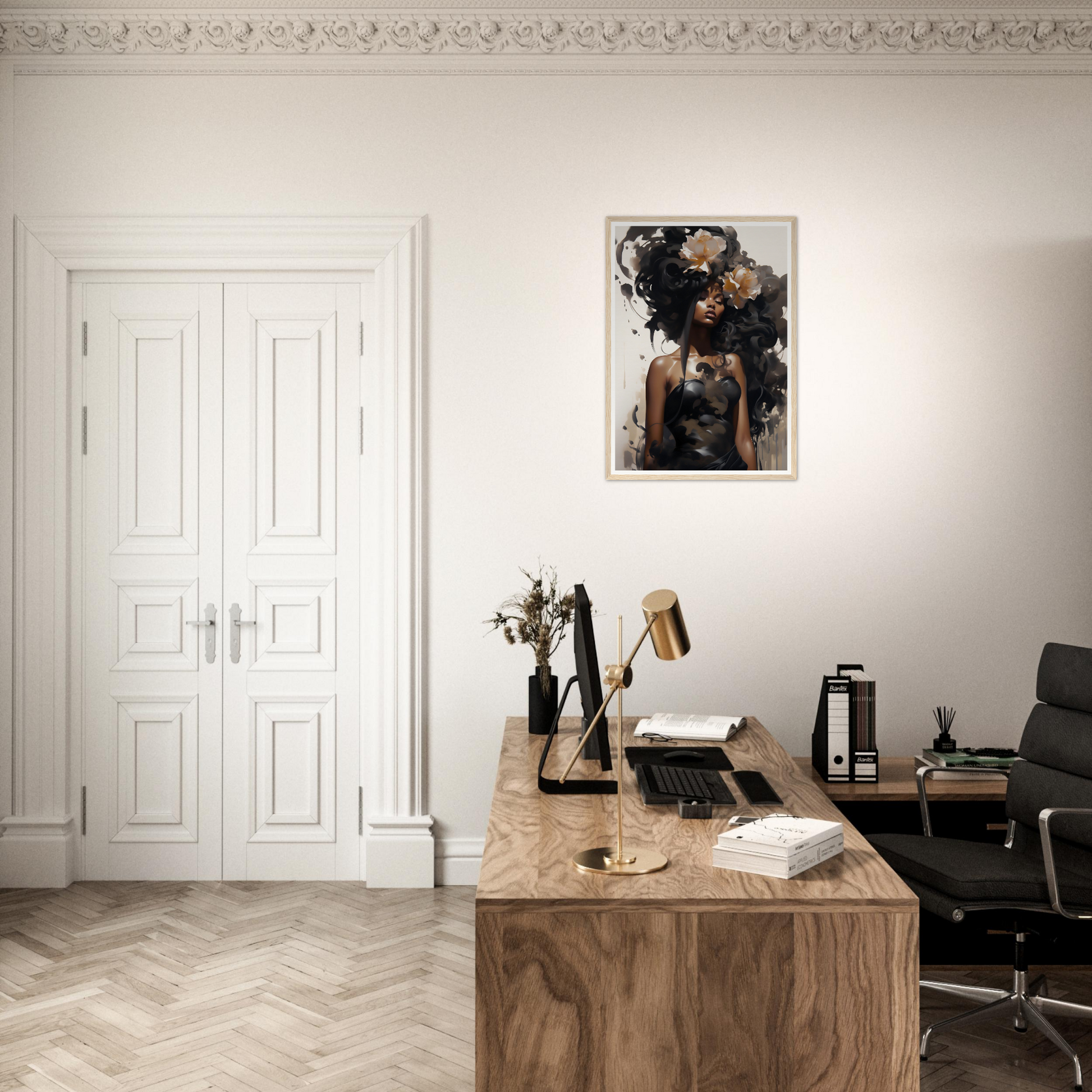 Stylish home office workspace with a wooden desk and modern decor.