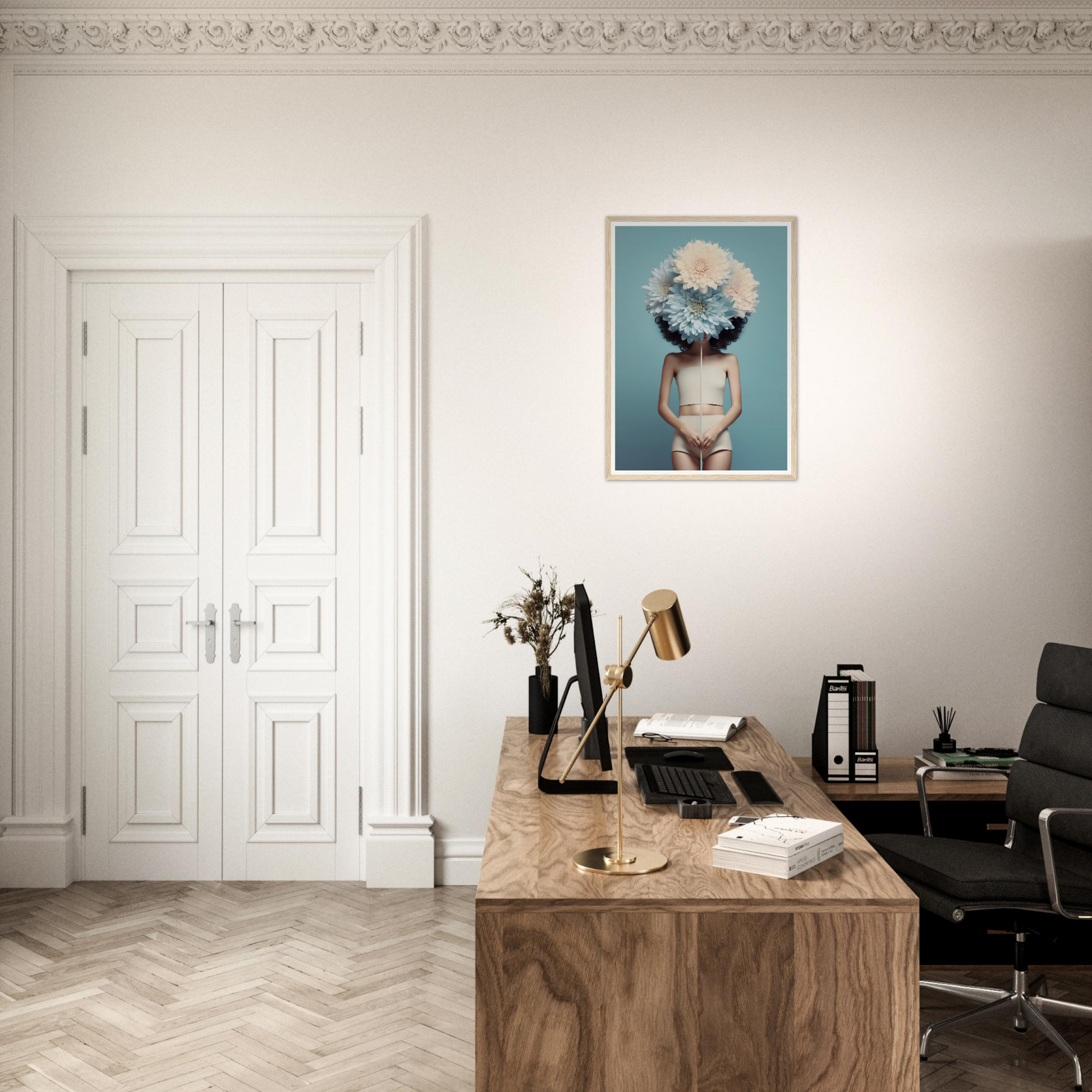 Stylish home office workspace with a wooden desk and modern decor.