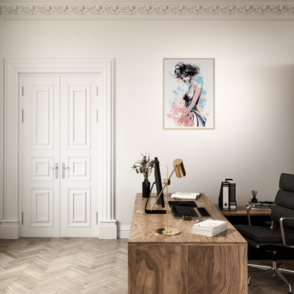 Elegant home office workspace with a wooden desk and modern decor.