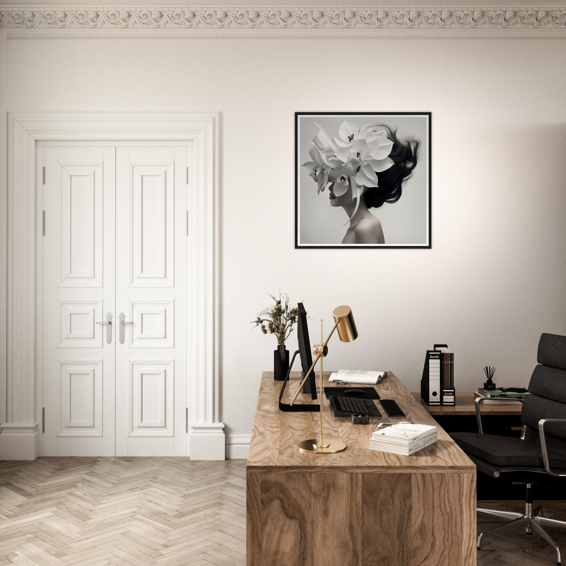 Elegant home office workspace with a wooden desk and artistic wall decor.