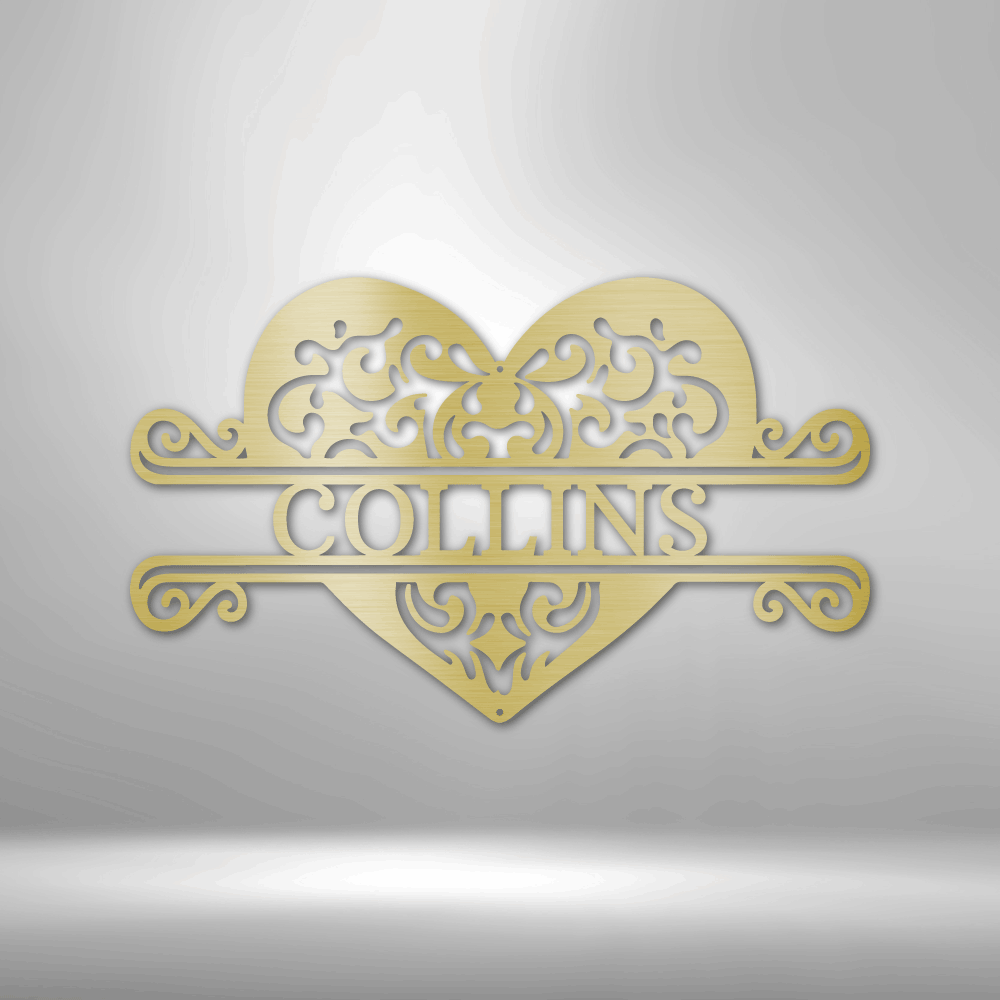 Ornate heart-shaped design with ’COLLINS’ text and decorative scrollwork in gold tones.