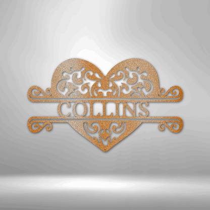 Ornate heart-shaped metal sign with ’COLLINS’ text and decorative scrollwork.