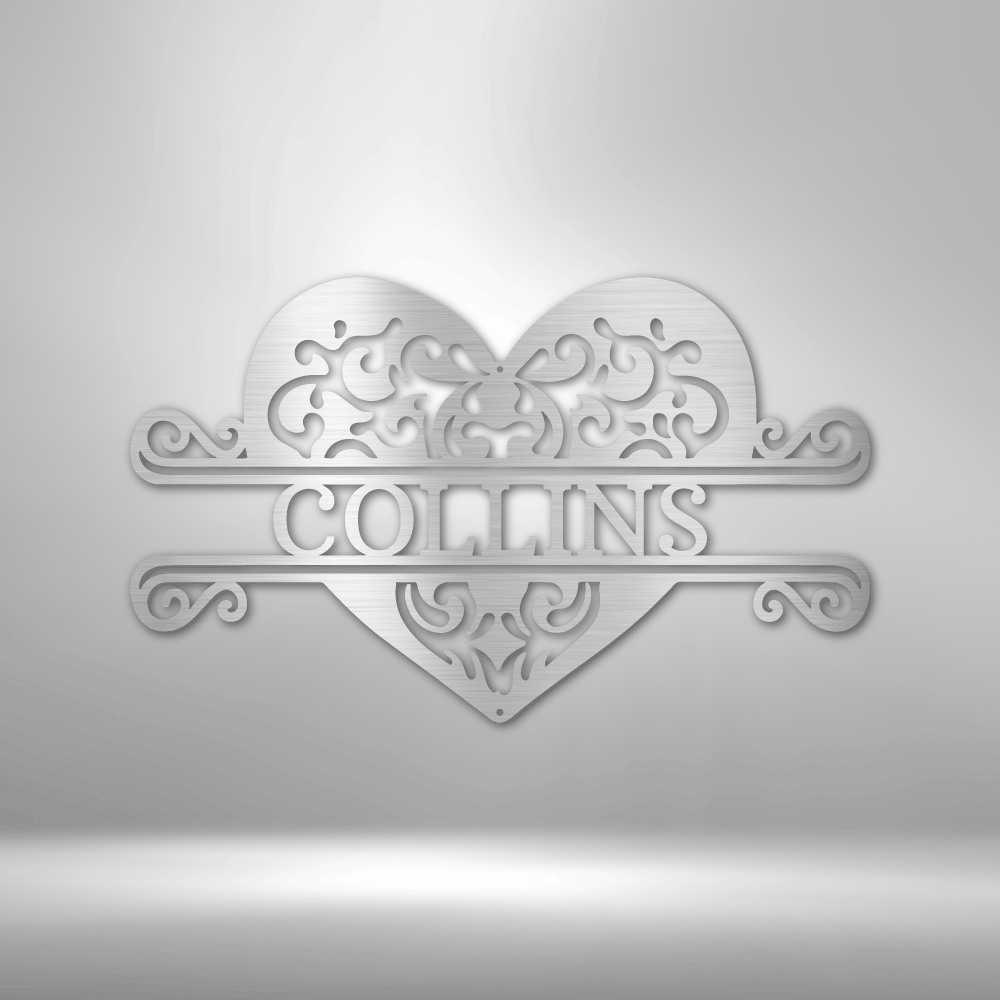 Ornate heart-shaped design with ’COLLINS’ text and decorative scrollwork.